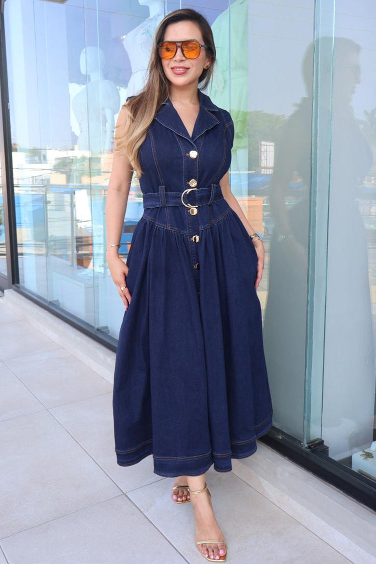 Vestido midi denim camisero con cinto