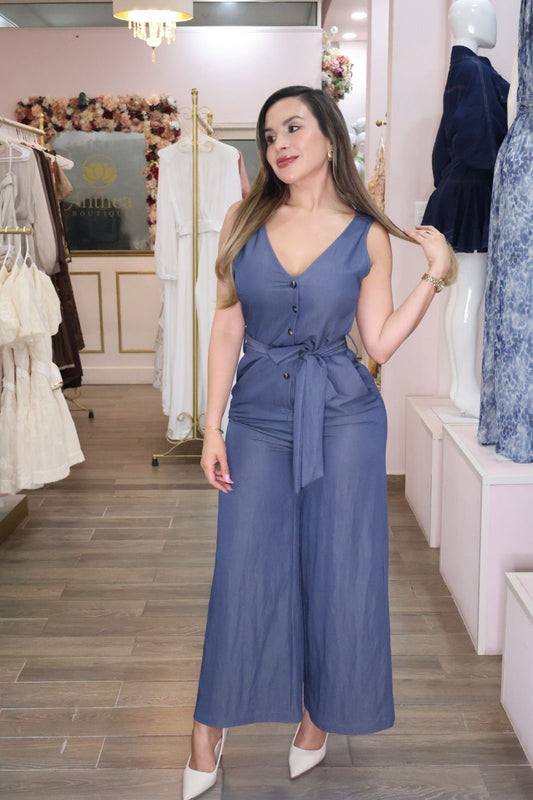 Jumpsuit largo denim de escote V