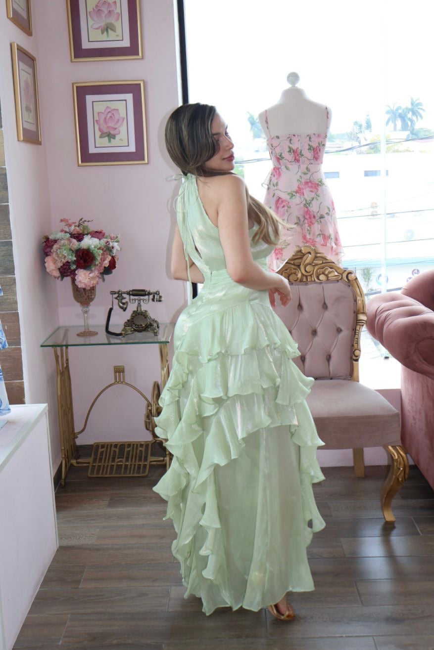 Vestido largo halter con olanes