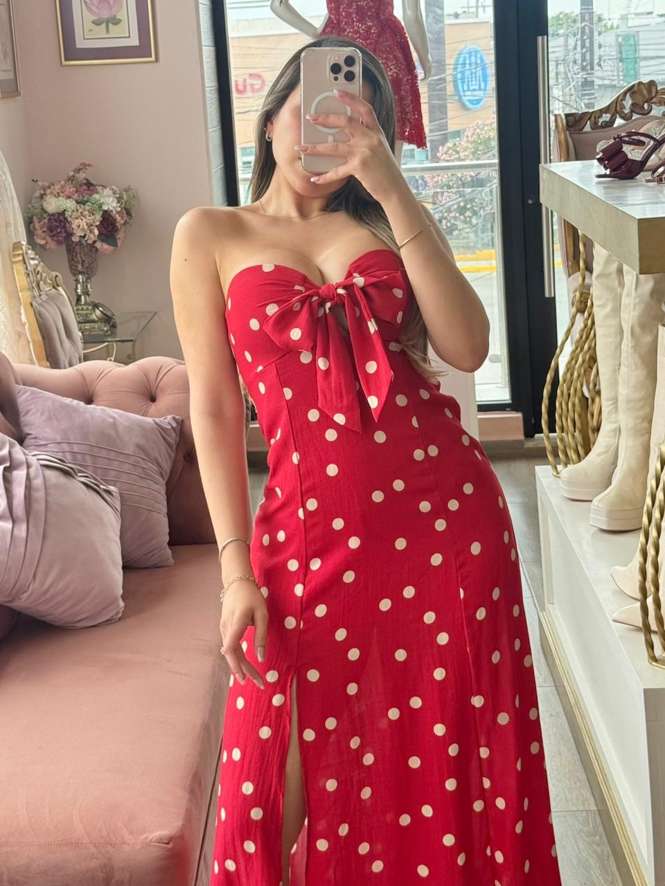 Vestido largo strapless con estampado de lunares
