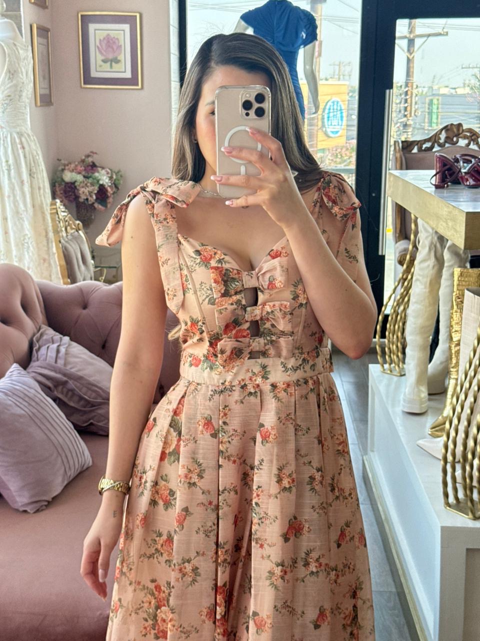 Vestido midi floral con tirantes anudados