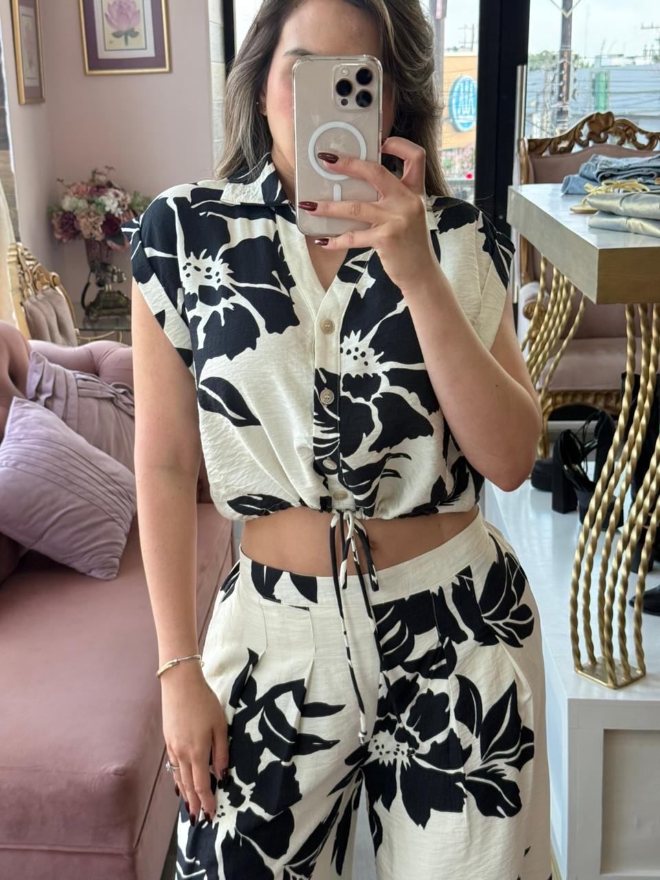 Set de estampado floral con cuello camisero