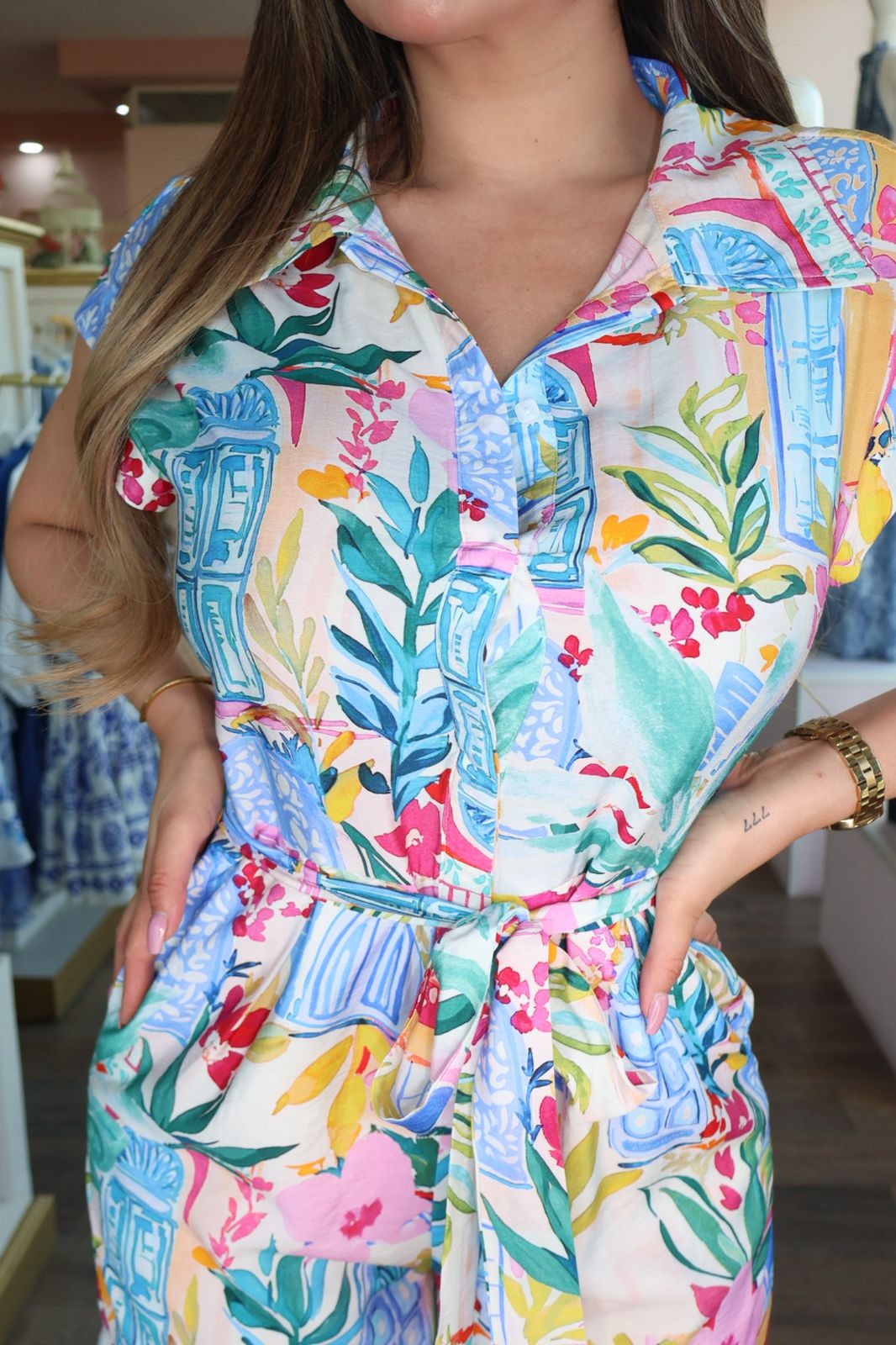 Jumpsuit corto camisero tropical multicolor
