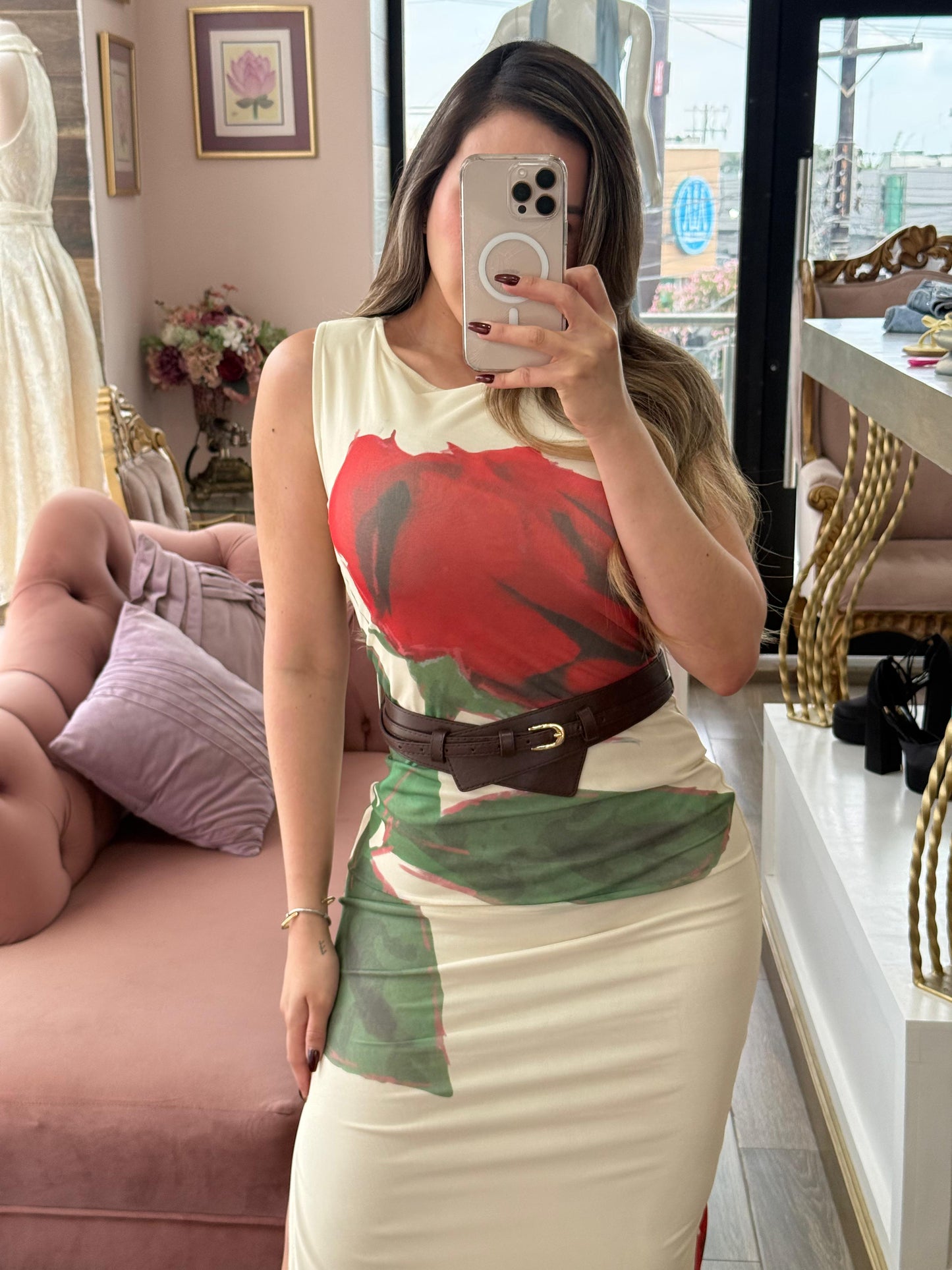 Vestido largo estampado con cinturón