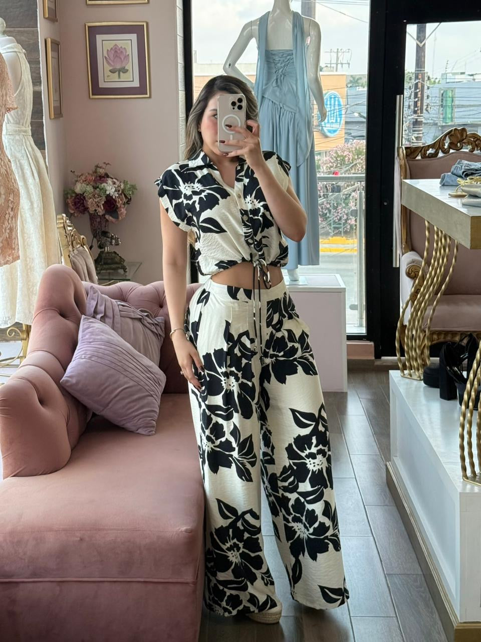 Set de estampado floral con cuello camisero