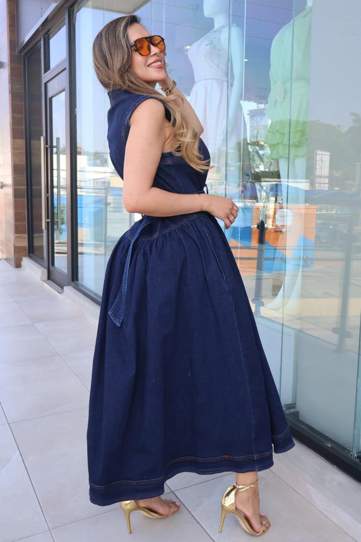 Vestido midi denim camisero con cinto