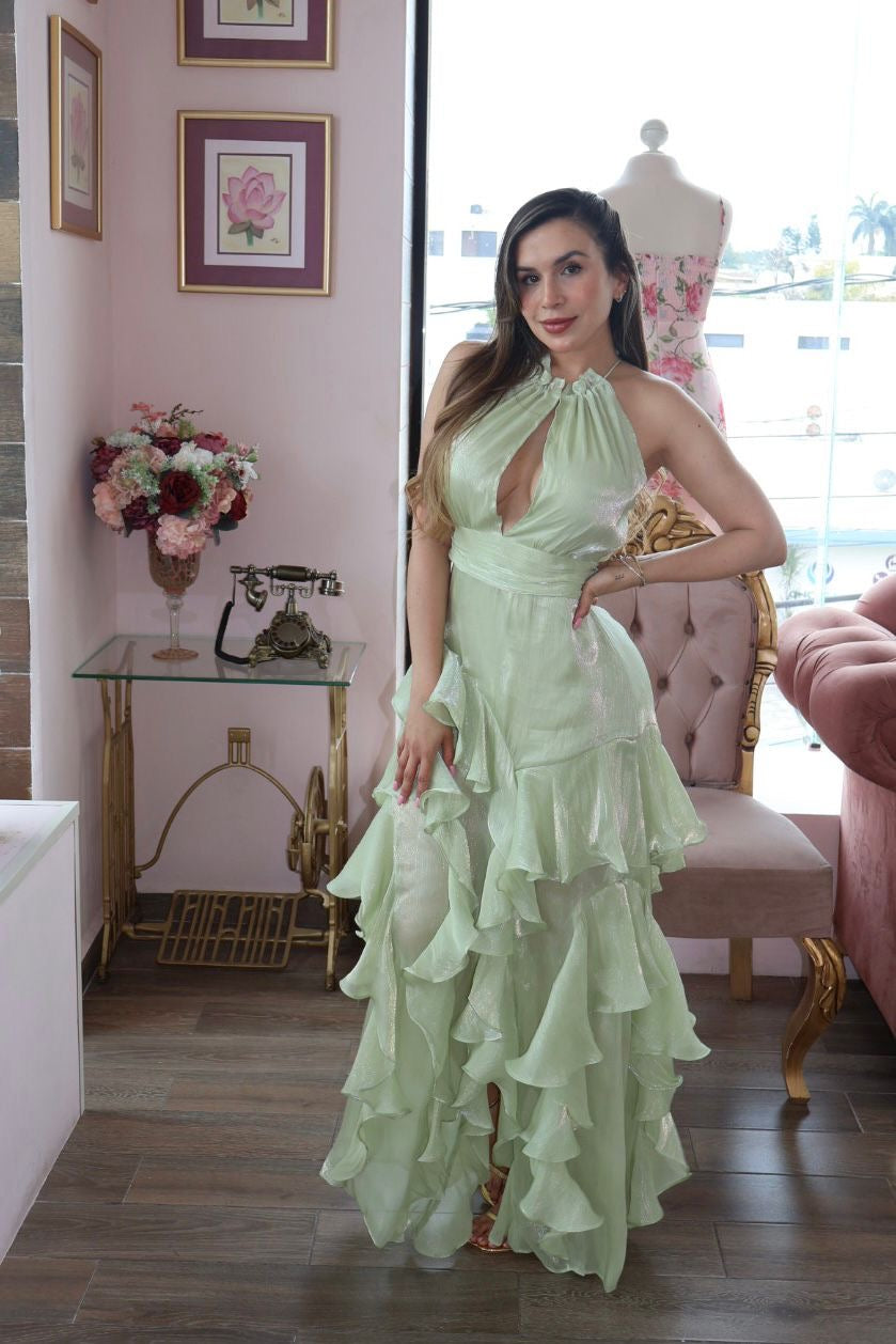 Vestido largo halter con olanes