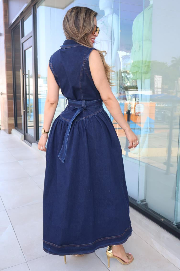 Vestido midi denim camisero con cinto