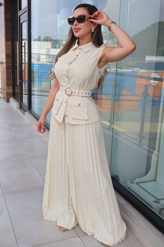Set de chaleco camisero con pantalón palazzo plisado