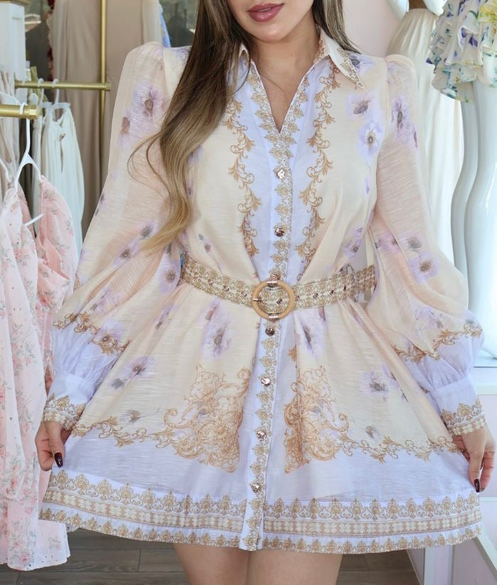 Vestido corto camisero floral con mangas abullonadas