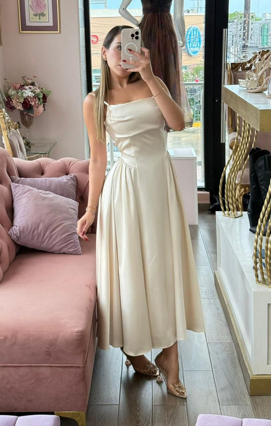 Vestido liso de corsé, midi de tirantes