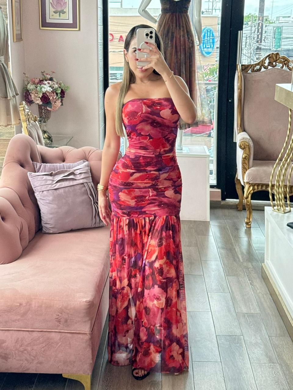 Vestido largo strapless multicolor