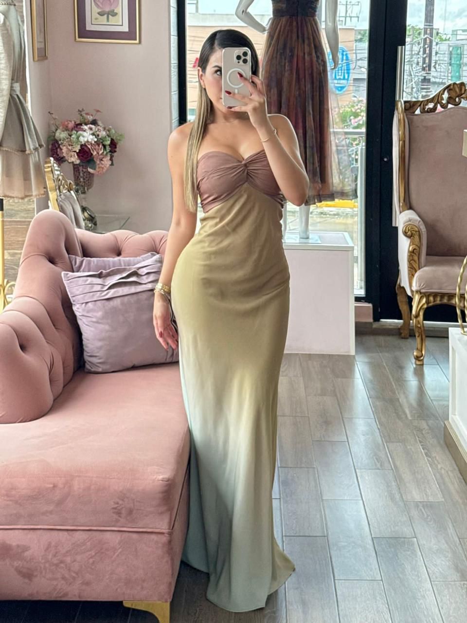 Vestido largo strapless multicolor