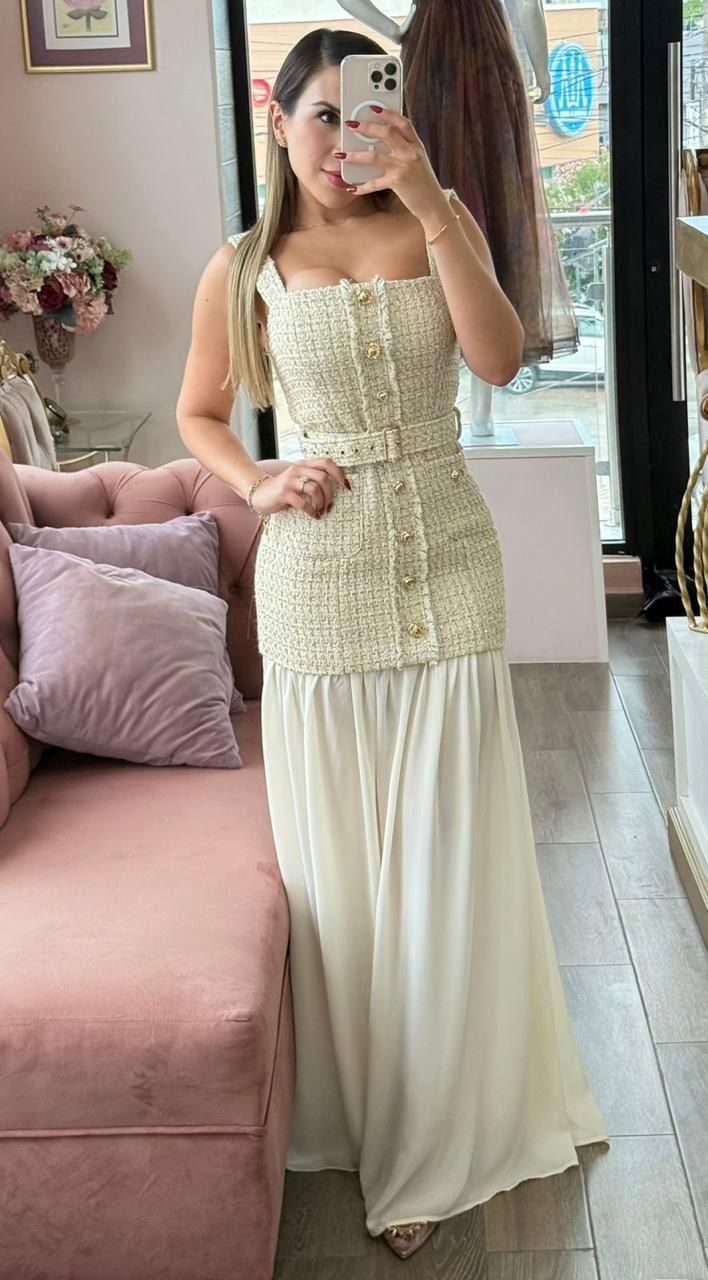 Vestido largo con top tweed y falda fluida
