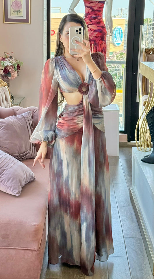 Vestido Maxi con Cut-Out Frontal y Estampado de Acuarela