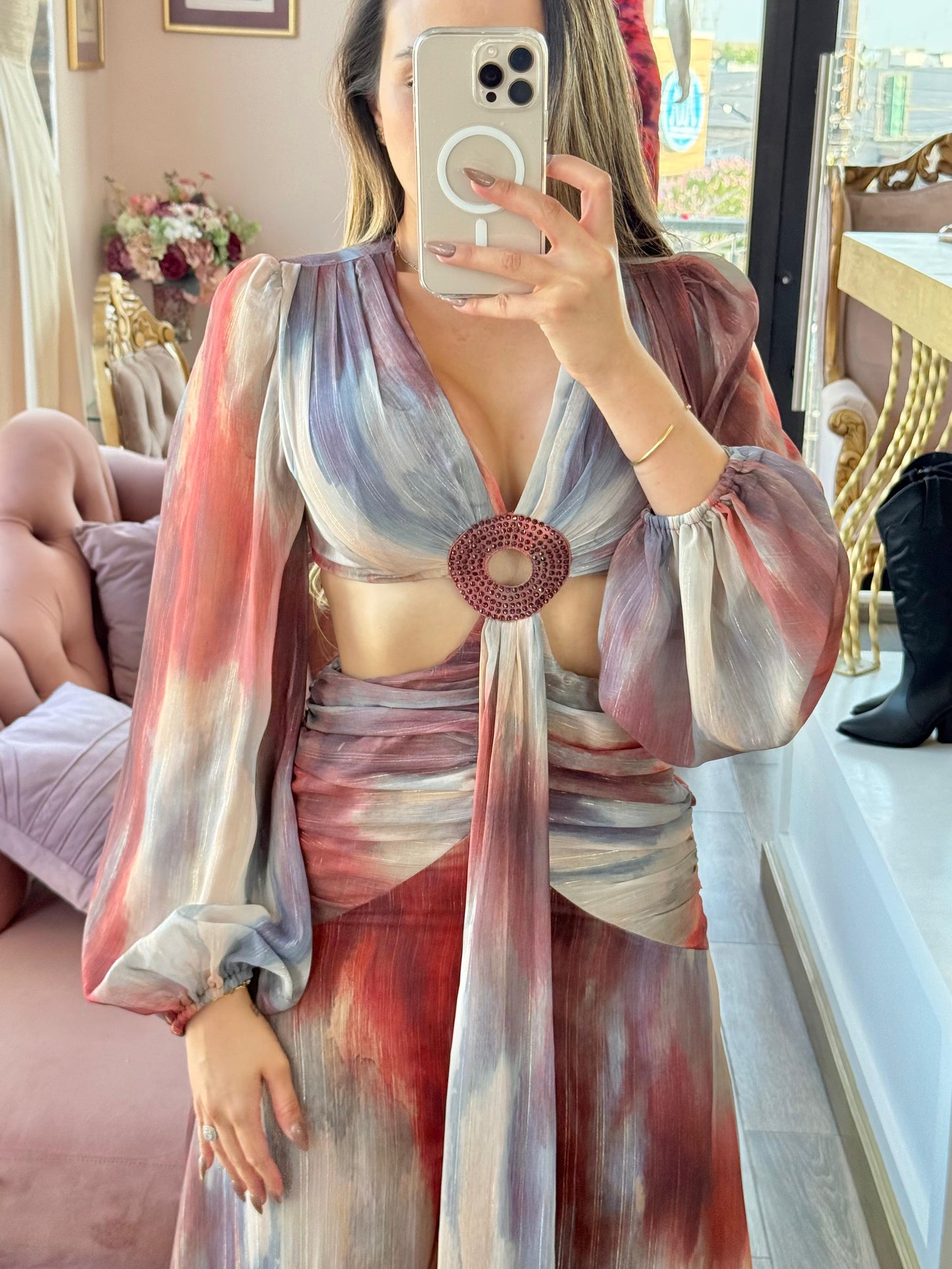 Vestido Maxi con Cut-Out Frontal y Estampado de Acuarela