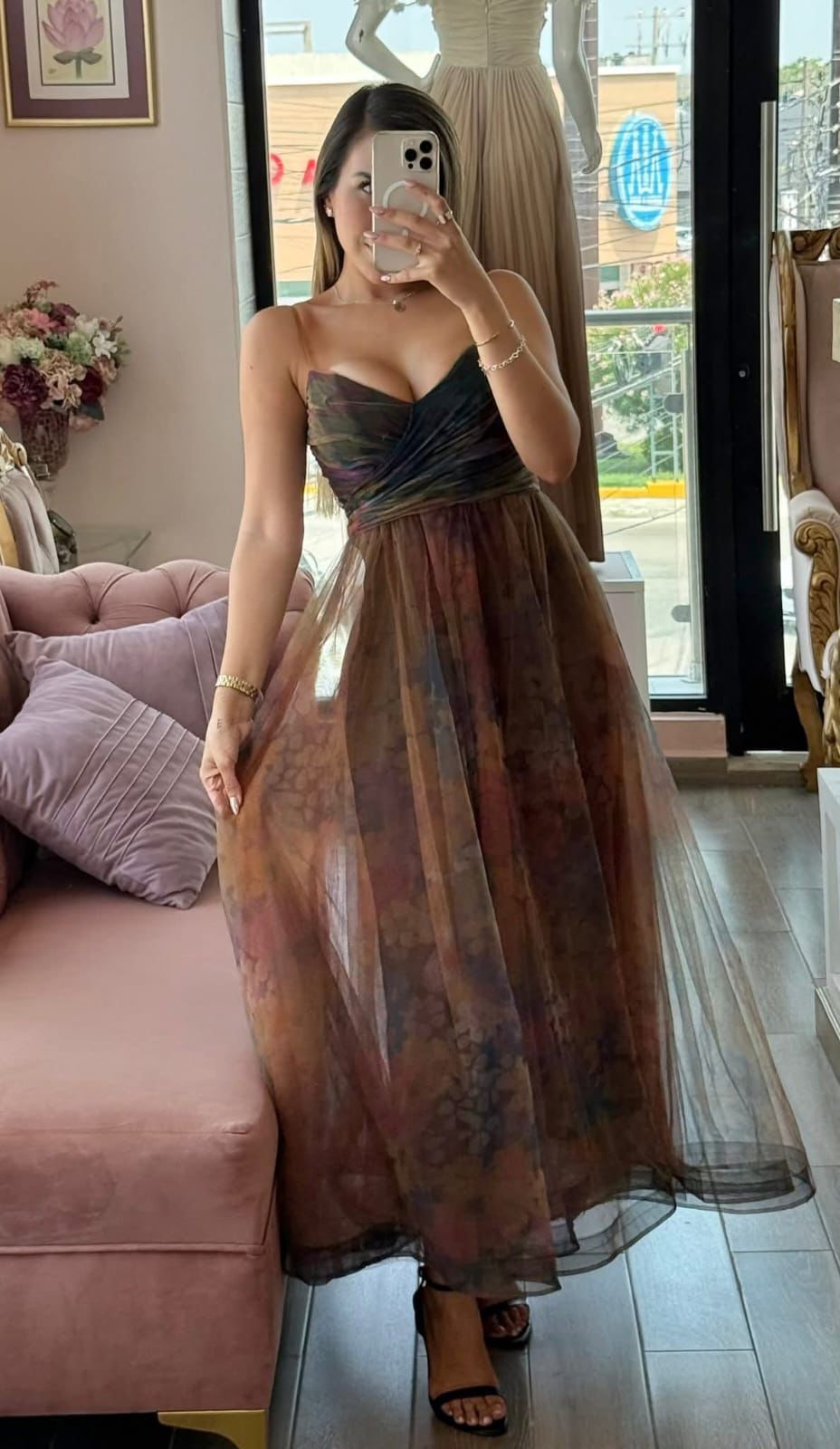 Vestido largo tul con estampado multicolor