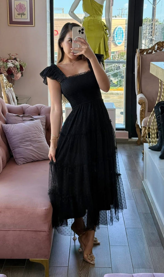 Vestido midi falda tul con estampado de puntos