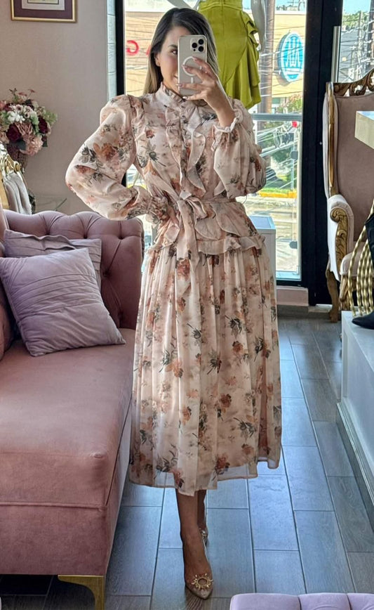 Vestido midi manga larga con escarolas