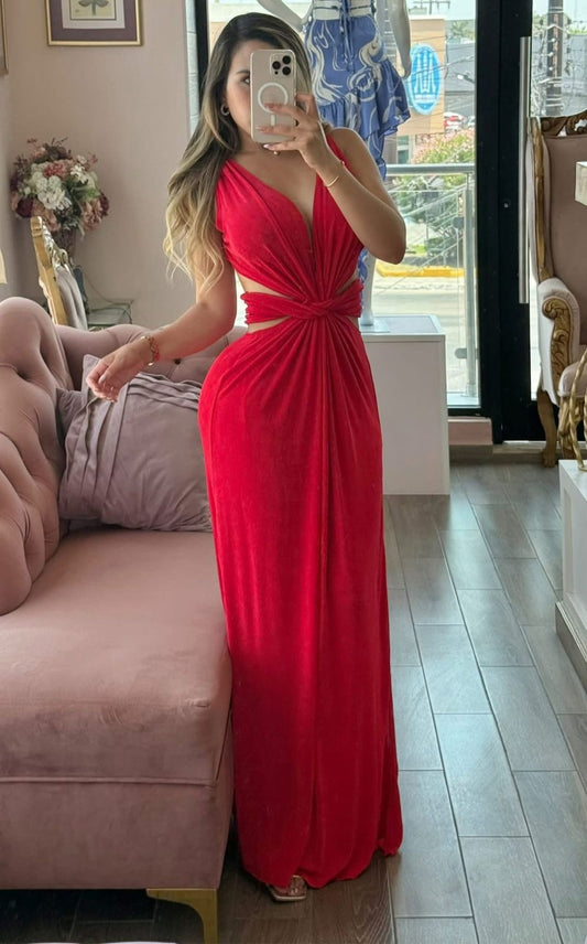 Vestido largo con escote en V profundo y detalle anudado al frente