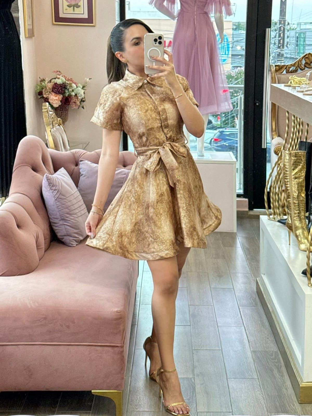 Vestido camisero corto con Estampado y Brillo