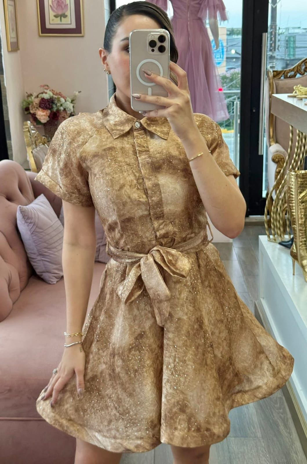 Vestido camisero corto con Estampado y Brillo