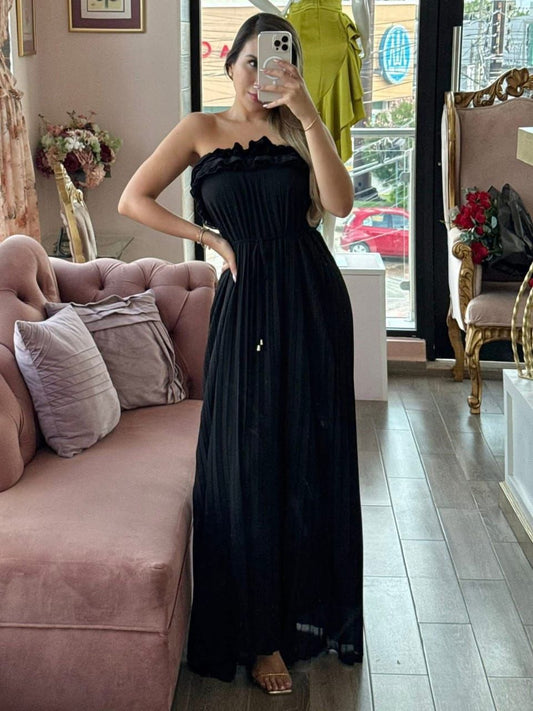 Vestido largo strapless plisado