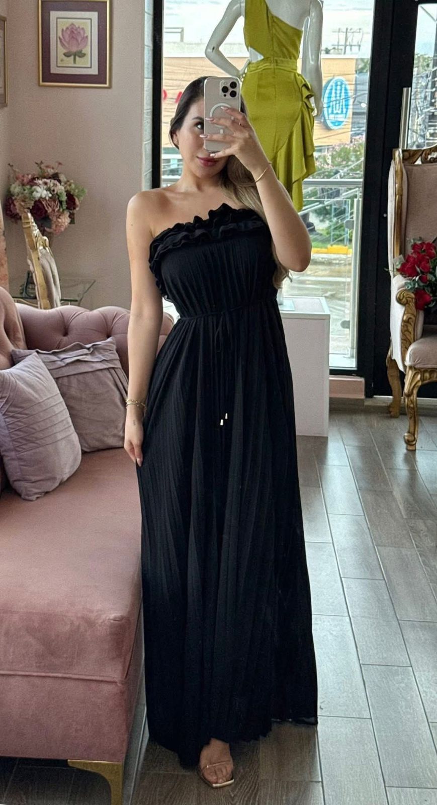 Vestido largo strapless plisado