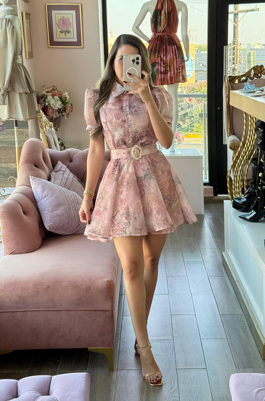 Vestido corto camisero con estampado floral degradado