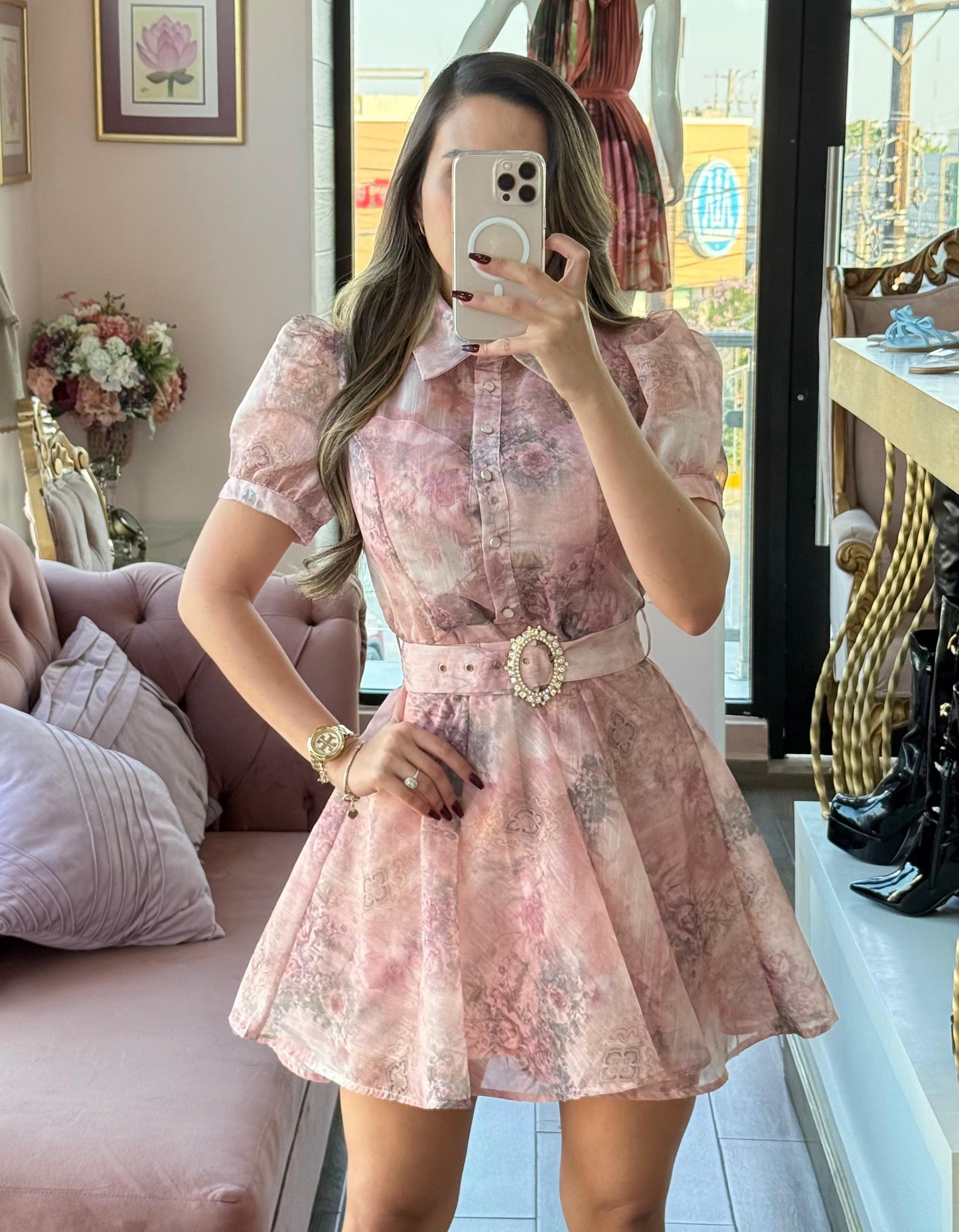 Vestido corto camisero con estampado floral degradado