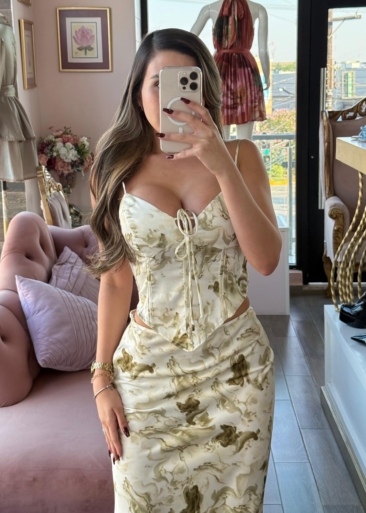 Set top y falda midi con estampado efecto mármol