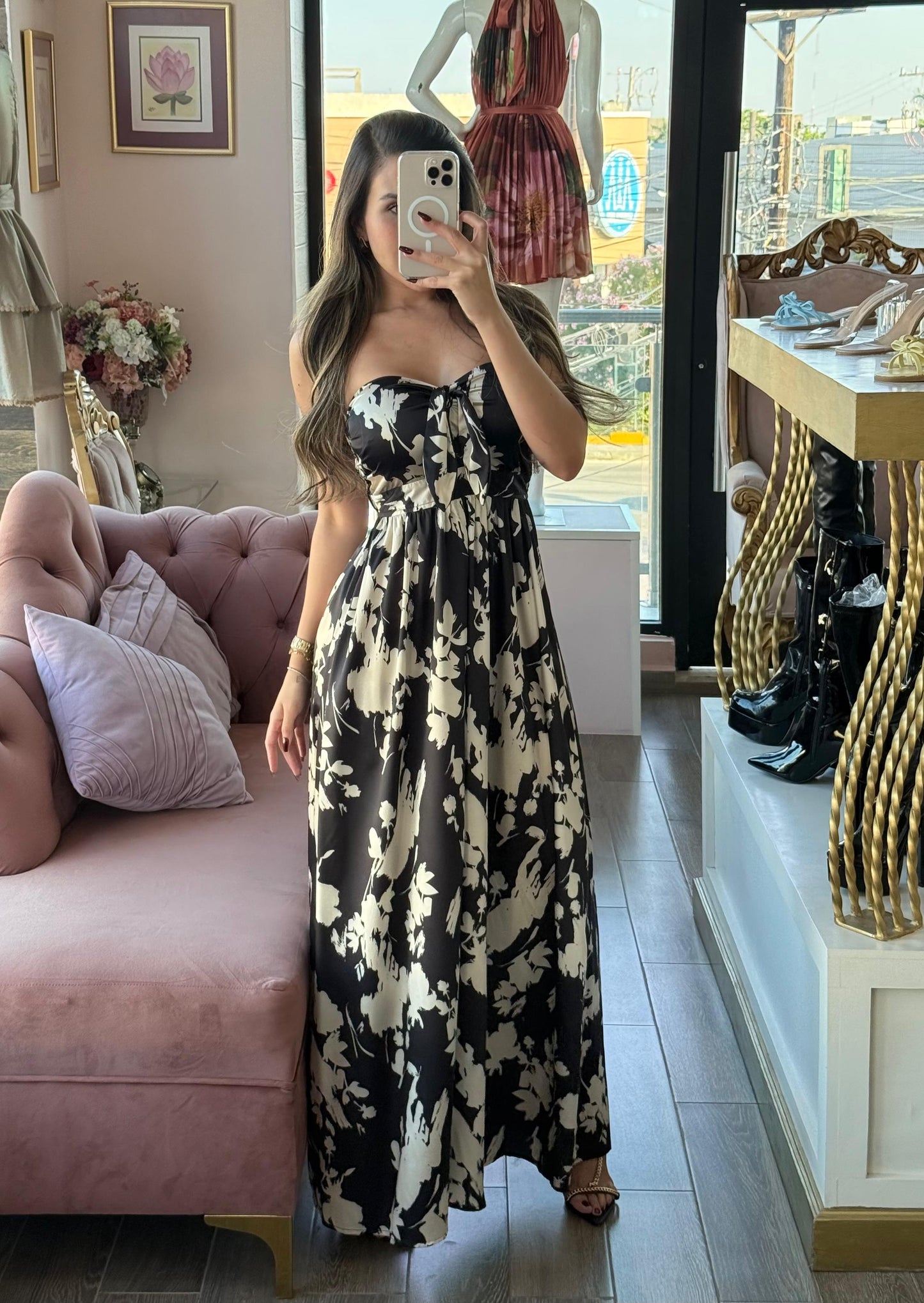 Palazzo strapless bicolor escote corazón con lazo