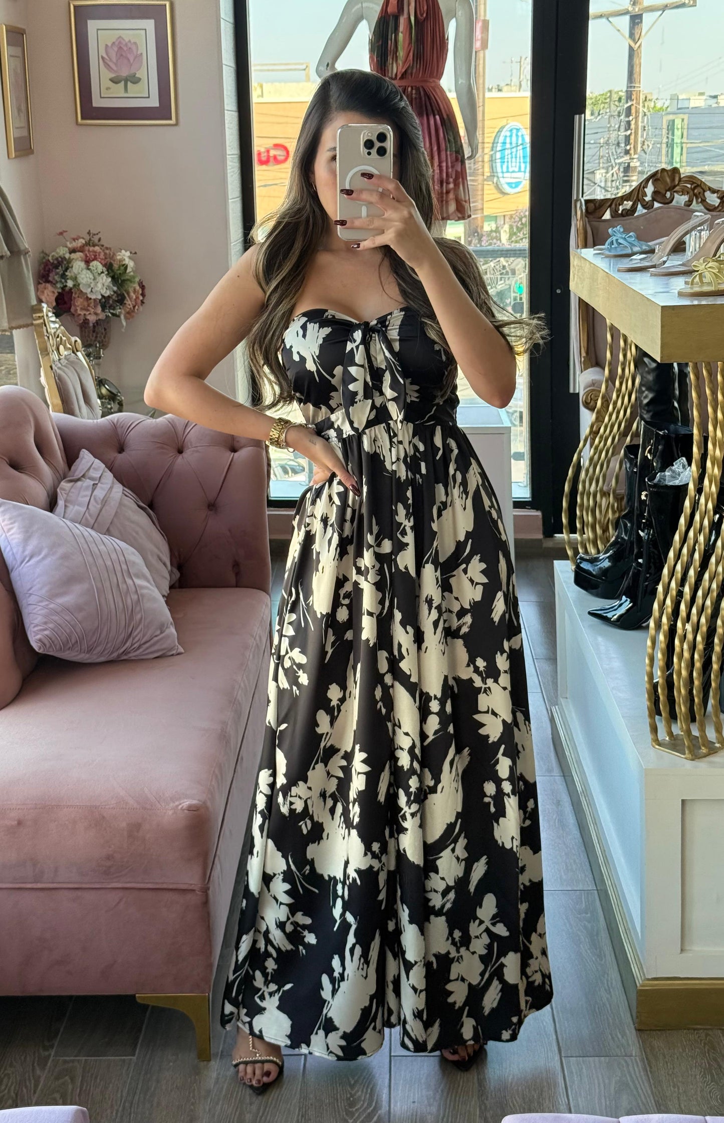 Palazzo strapless bicolor escote corazón con lazo