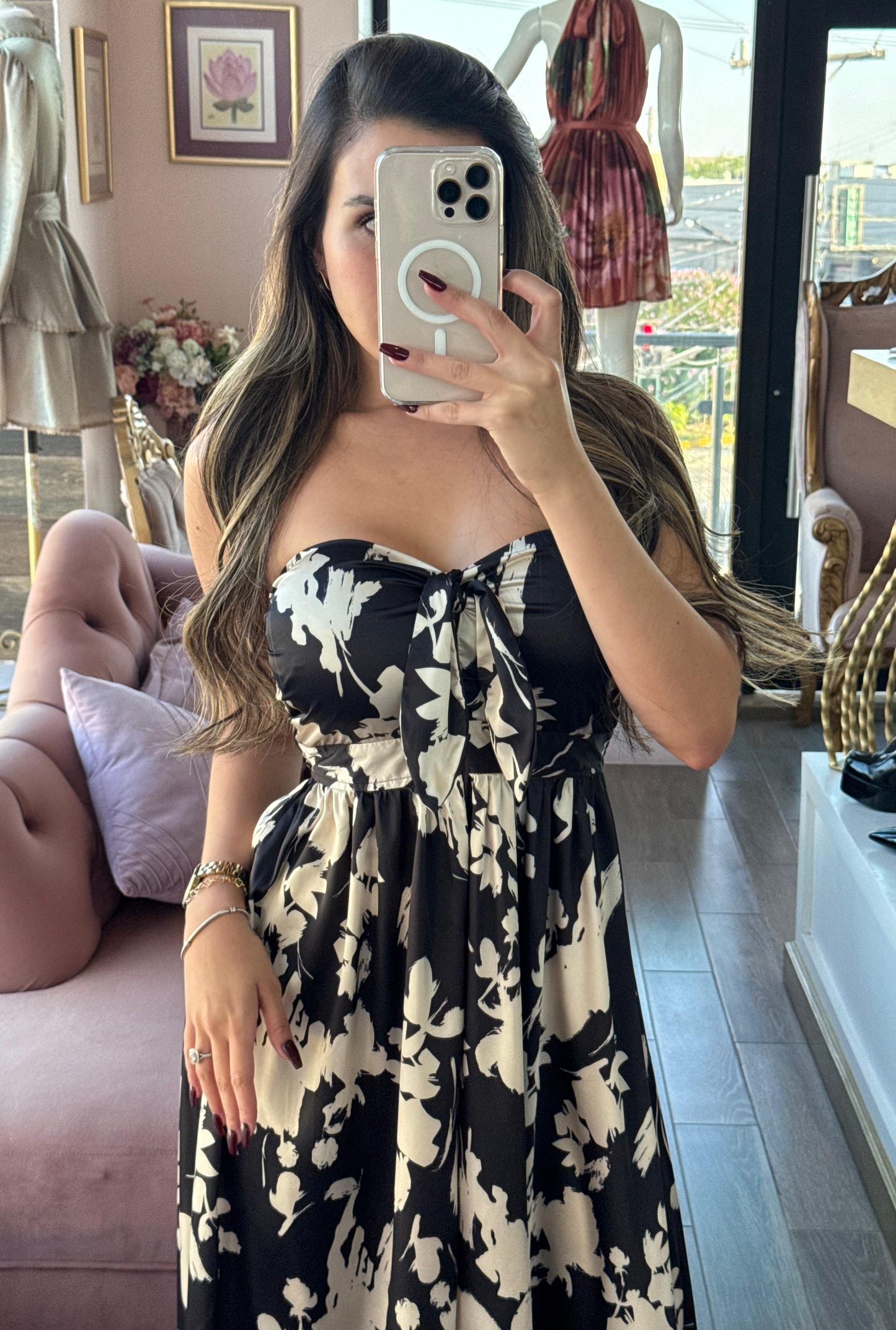 Palazzo strapless bicolor escote corazón con lazo