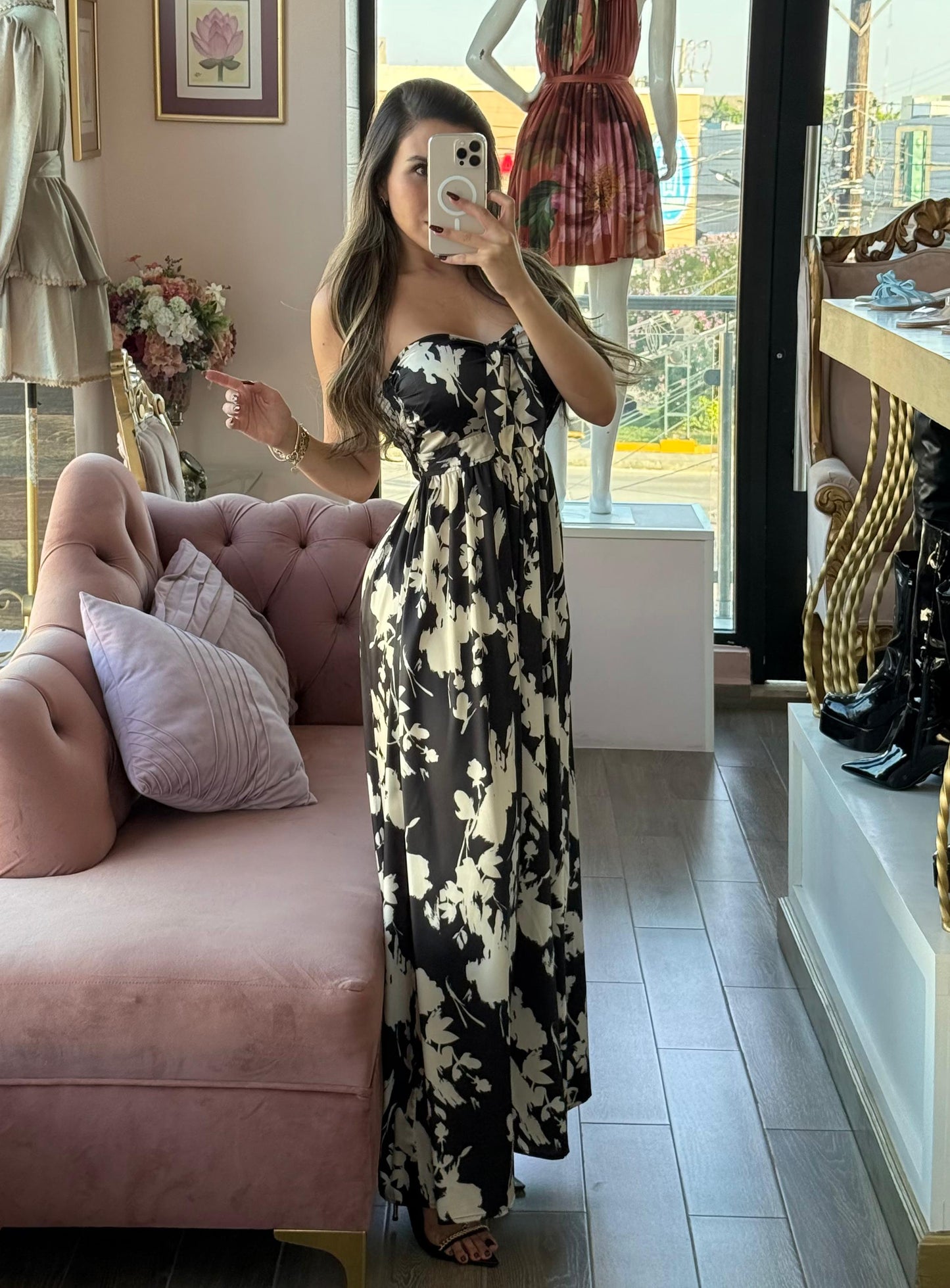 Palazzo strapless bicolor escote corazón con lazo