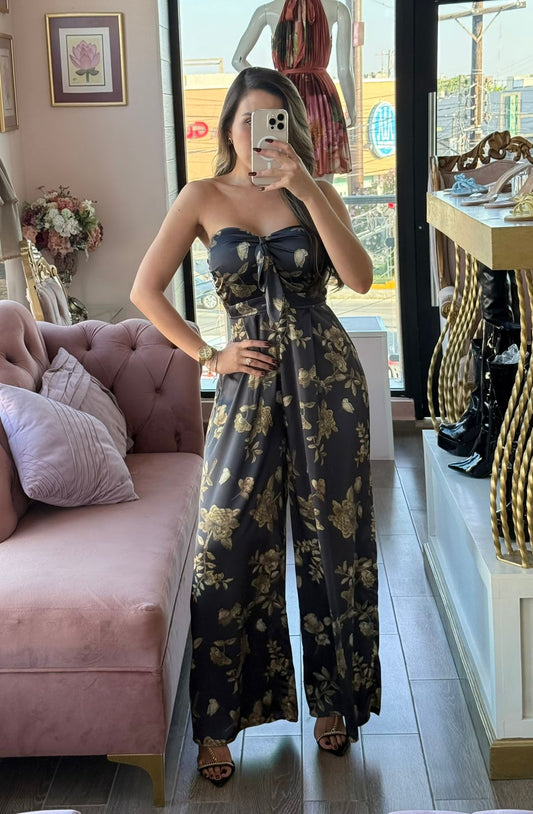 Palazzo strapless estampado floral escote corazón con lazo