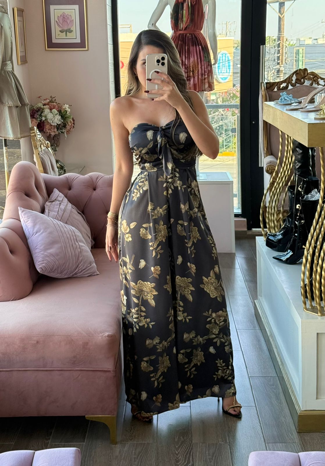 Palazzo strapless estampado floral escote corazón con lazo