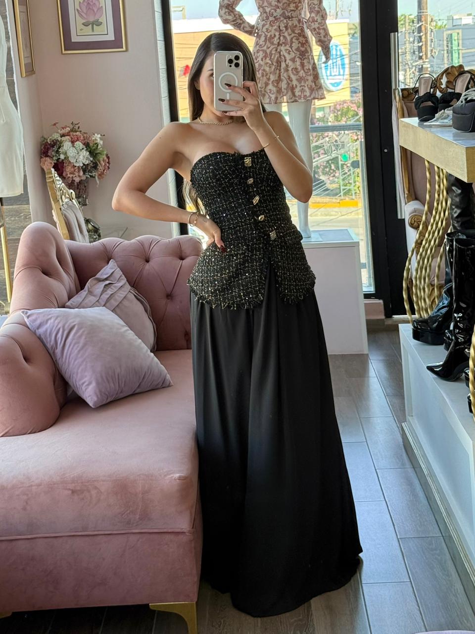 Vestido largo strapless tweed negro caída fluida