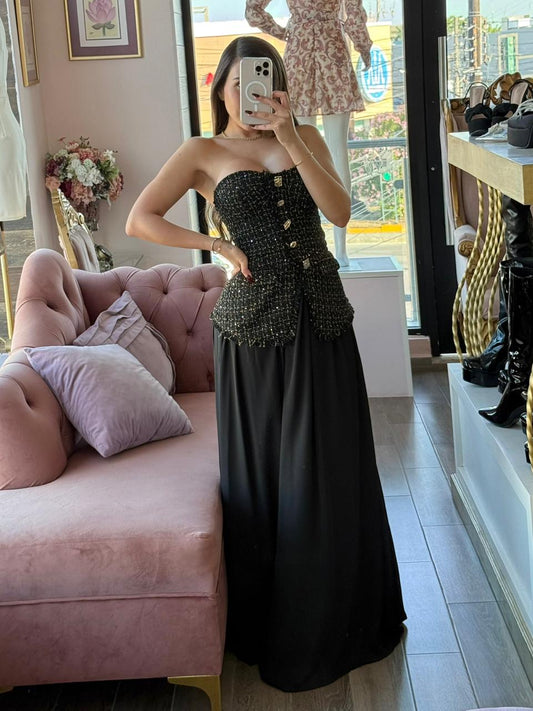 Vestido largo strapless tweed negro caída fluida