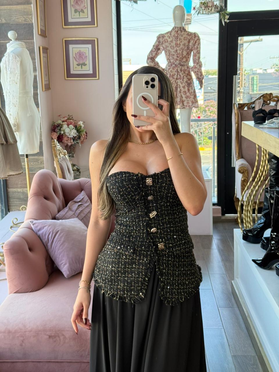 Vestido largo strapless tweed negro caída fluida