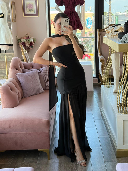 Vestido largo verde negro strapless con abertura lateral